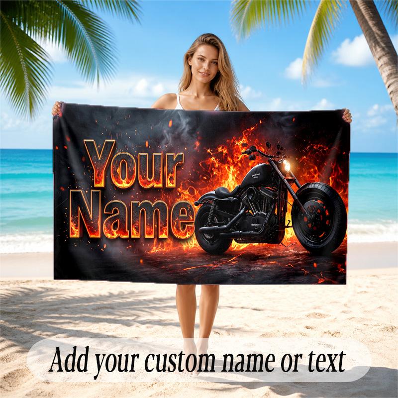 Motorcycle Biker Theme Quick Dry Beach Towel Custom Name Text Print Large Sand Resistant Towel Beach Vacation