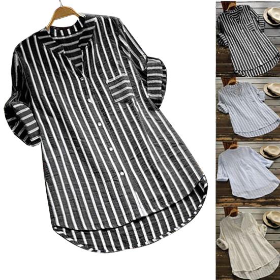 Fashion Women Vertical Stripe V Neck 3/4 Sleeve Button Loose Casual Shirt Blouse