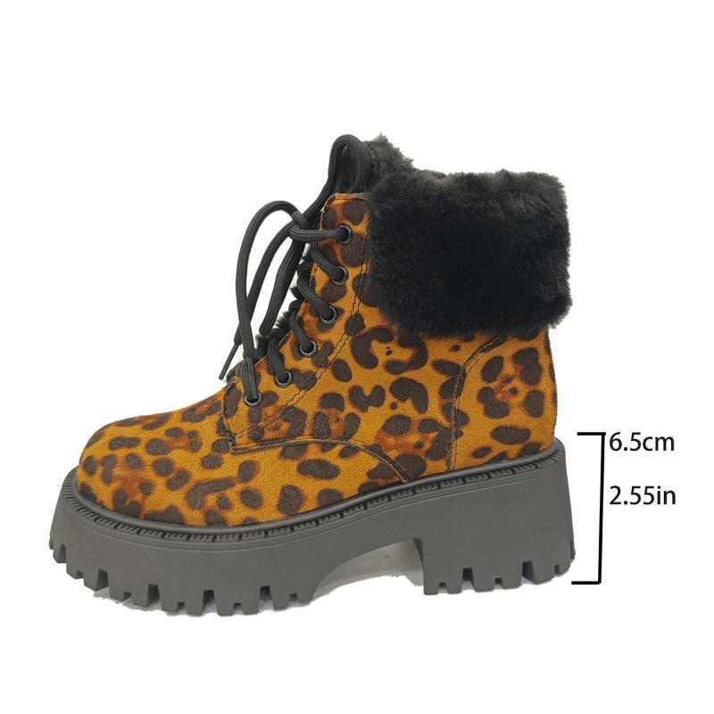 Модные женские ботинки 2024 года, зимние леопардовые принты, толстая подошва, теплые короткие ботинки, шнуровка, нескользящие, плюшевые, морозостойкие, ботильоны для улицы