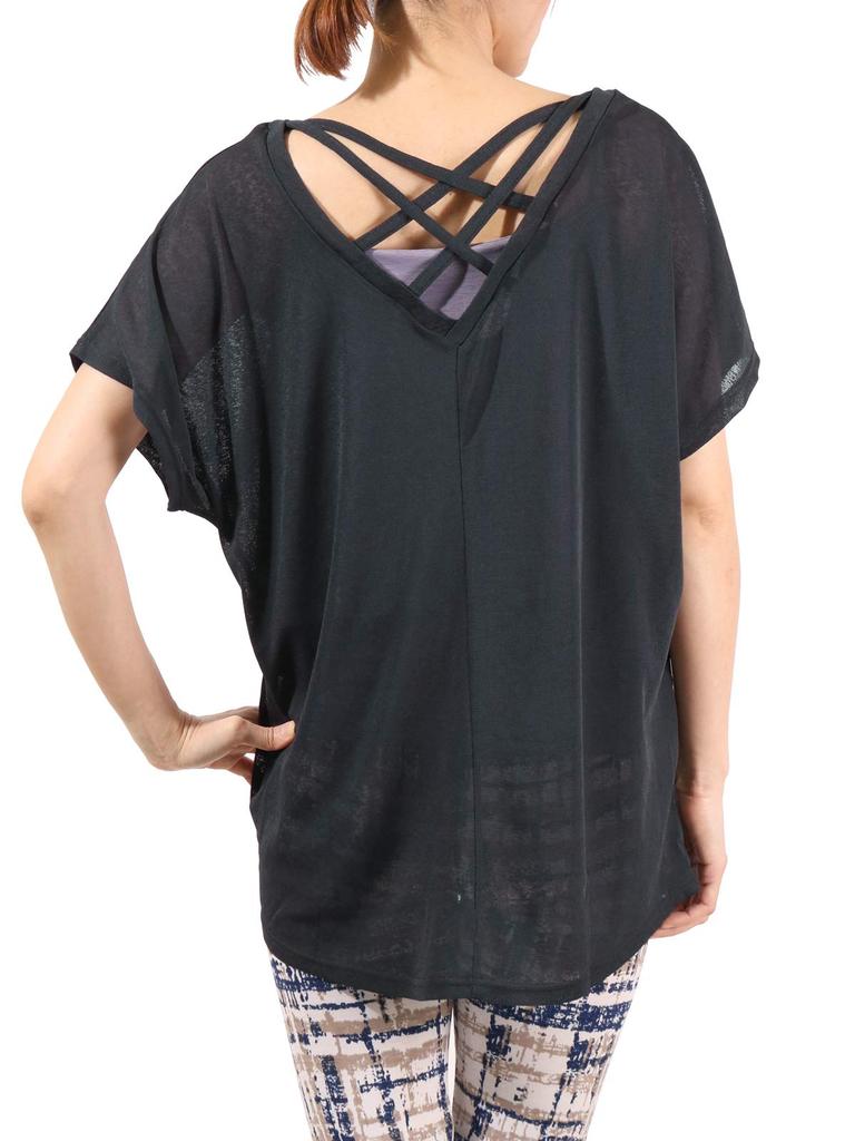 Один Стретч Йога 4 Спина Крест Темно-серый Панель(T) Женская ультралегкая прозрачная футболка, Типы, Футболка,