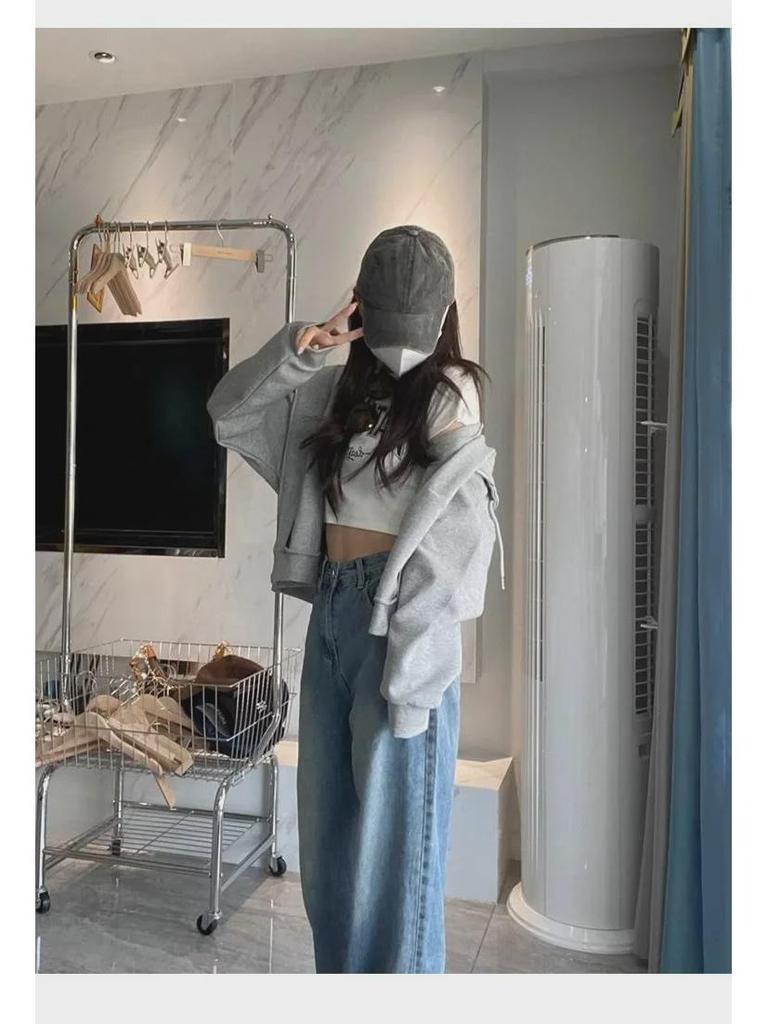 Women's Gray Hooded Zipper Cardigan - Long-Sleeve Sweater Jacket for Spring and Autumn