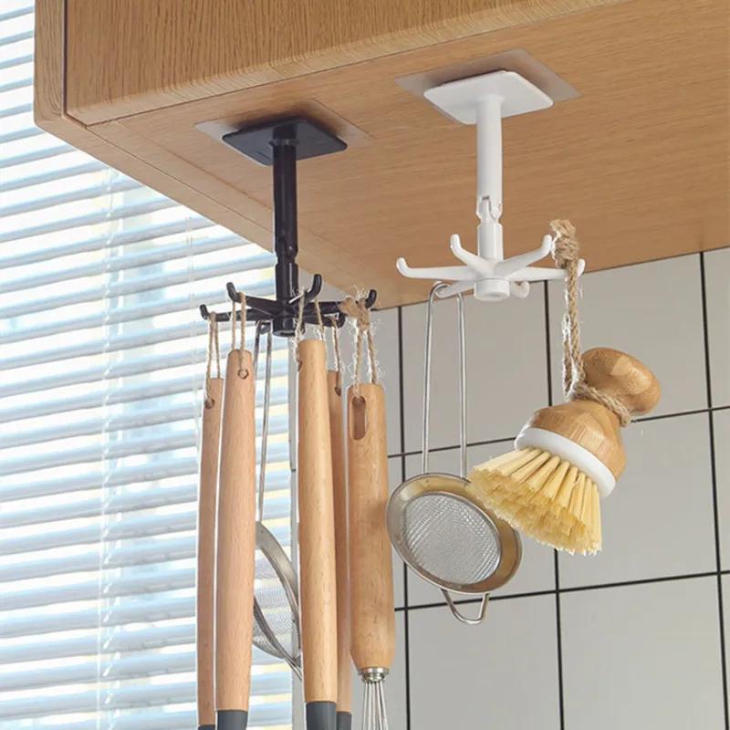 Self Adhesive Kitchen Hooks 360 Degrees Rotated 6 Hooks Home Wall Door Hook Handbag Clothes Ties Bag Hanger Hanging Rack Gadgets