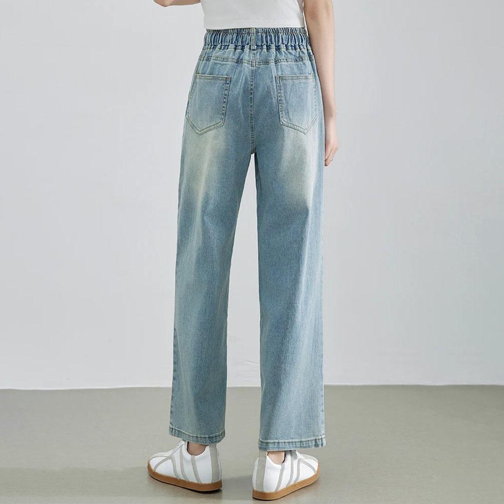Летние джинсы женские с высокой резинкой на талии, со шнурком, отбеленные, широкие, синие, джинсовые брюки, уличные, джинсовые брюки