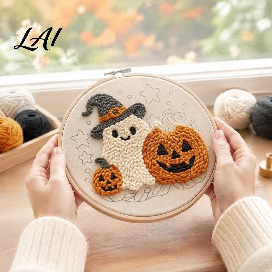 Punch Needle Supplies for Adults Halloween Kit Pumpkin Ghost Craft Kit with Handmade Home Decor Embroidery Hoop Easy Art Project Beginners