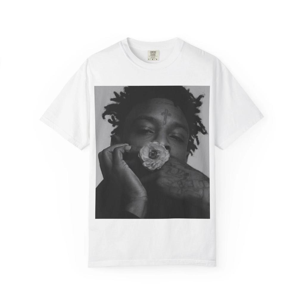 Футболка с изображением 21 Savage и розы | Футболка с портретом рэпера