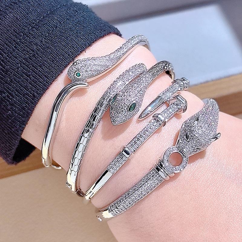 Браслет с гепардом, инкрустированный цирконом, Браслет с головой леопарда, Браслет-змея S-образной формы