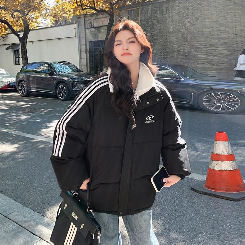 Женская новая зимняя куртка с хлопковой подкладкой, американская полосатая куртка с пухом, воротник-стойка, утолщенная куртка с хлопковой подкладкой, студенческая куртка-пуховик