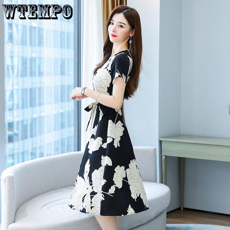 Женское элегантное платье из шифона со шнуровкой на талии, темпераментное платье средней длины с разрезом и цветочным принтом