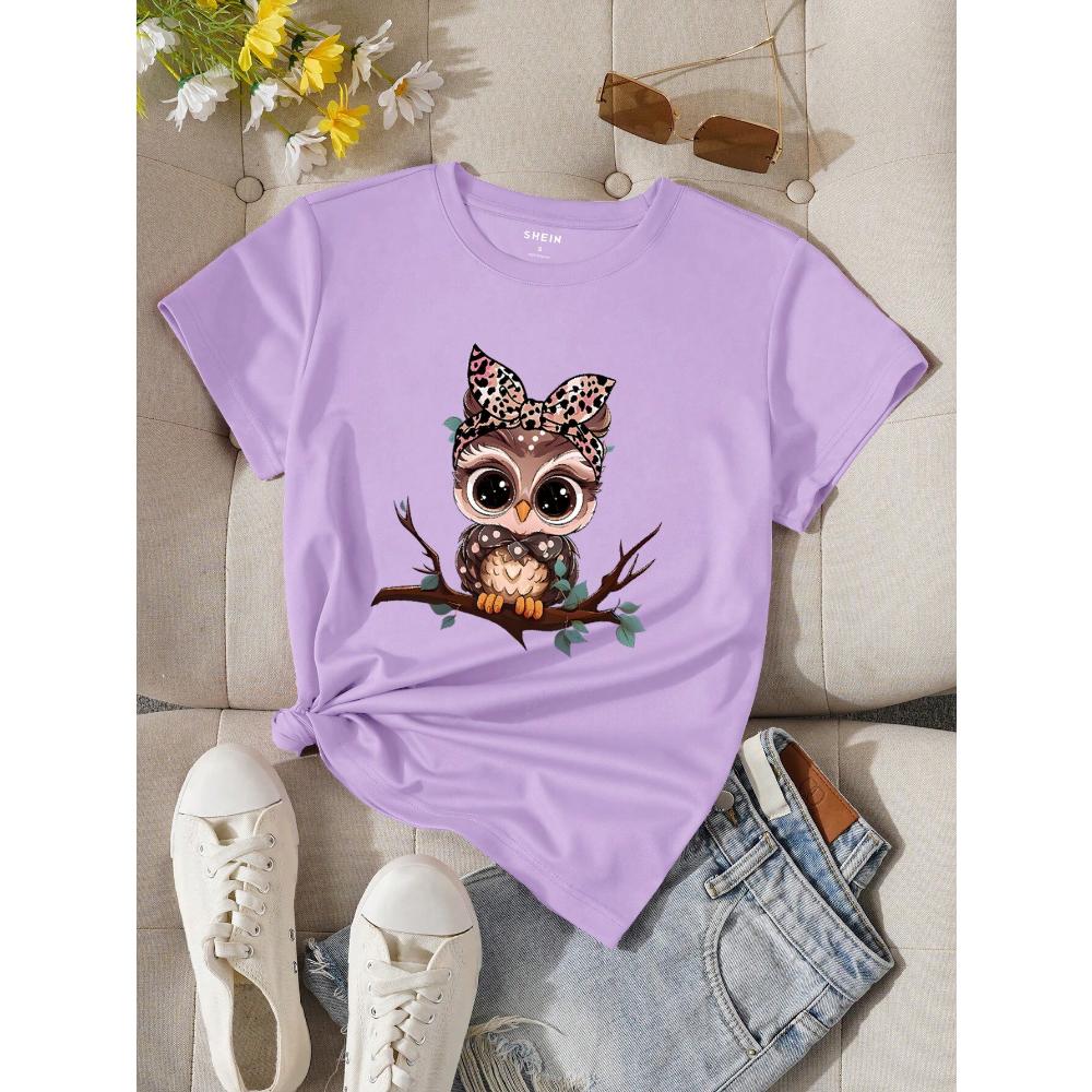 Женская летняя повседневная футболка с круглым вырезом и коротким рукавом с принтом мультяшной совы