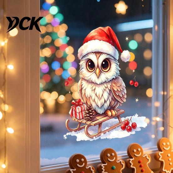 Indoor Outdoor Winter Ornaments Christmas Owl Window Static Cling Decal, Waterproof PVC Decorative Sticker, Easy Holiday Scene Stickers Apply Sticker