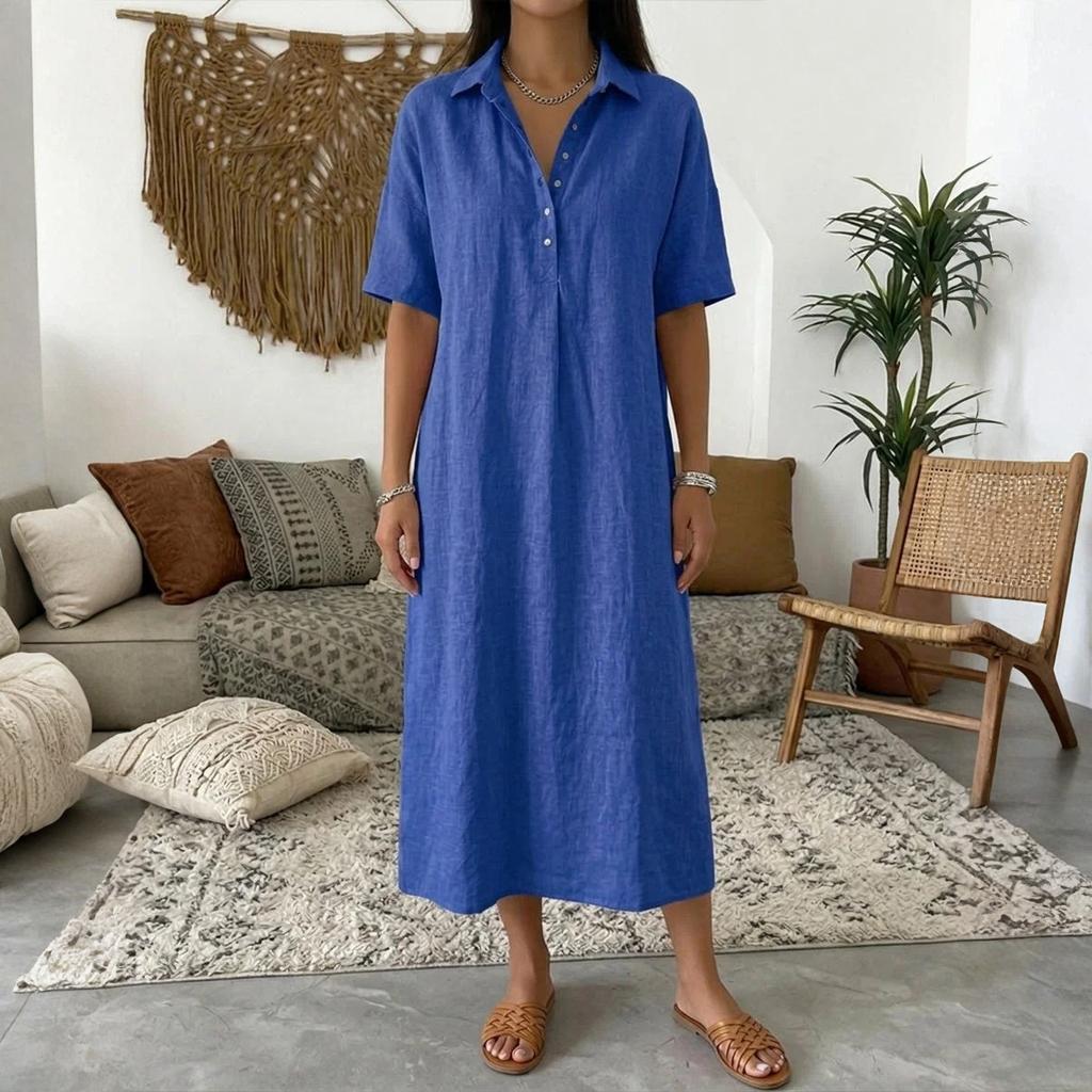 Женское прямое и удобное льняное платье с V-образным вырезом и коротким рукавом