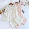 New Spring and Autumn Women's Pajama Set 100% Cotton Crepe Embroidery Home Suit Long Sleeve Long Pants Thin Large Size Set