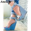 Aneikeh Blue Designer Denim Sandals Summer Woman Wedges High Heels Peep Toe Platform Roman Dresses Shoes 35-40