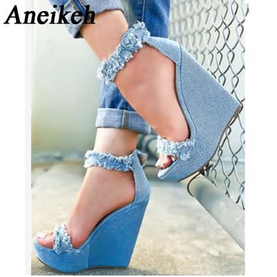 Aneikeh Blue Designer Denim Sandals Summer Woman Wedges High Heels Peep Toe Platform Roman Dresses Shoes 35-40