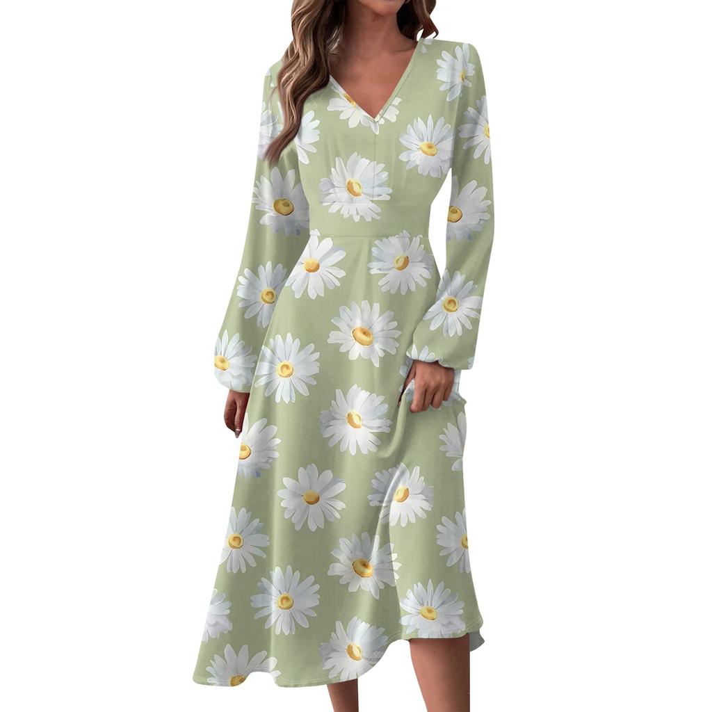 Женское осенне-зимнее повседневное модное длинное платье с v-образным вырезом и длинным рукавом с принтом