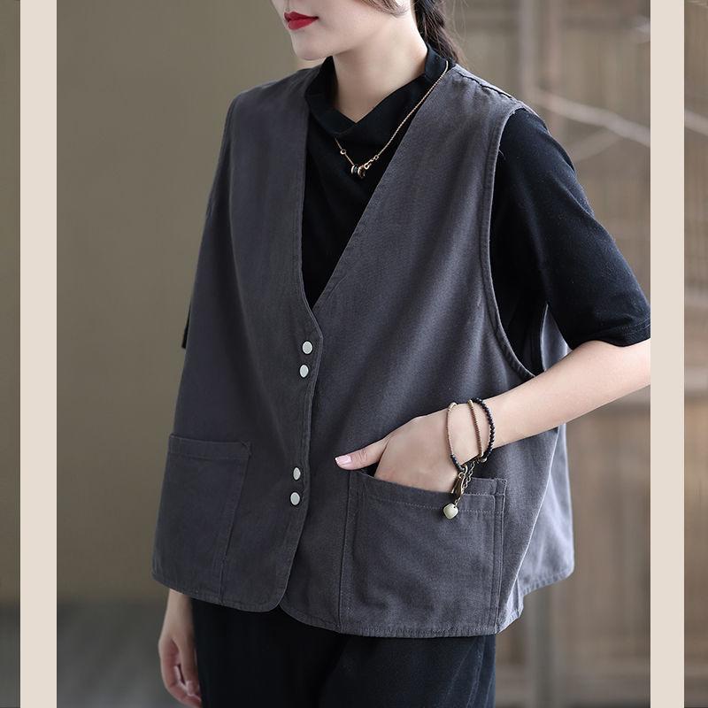 Vest Women's Spring and Autumn New Style Women's Commuting Solid Color Cotton Pocket Fashionable Retro Shoulder Jacket