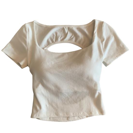 Женская футболка с квадратным воротником и коротким рукавом, с вырезом на спине, однотонная облегающая укороченная футболка, повседневная одежда