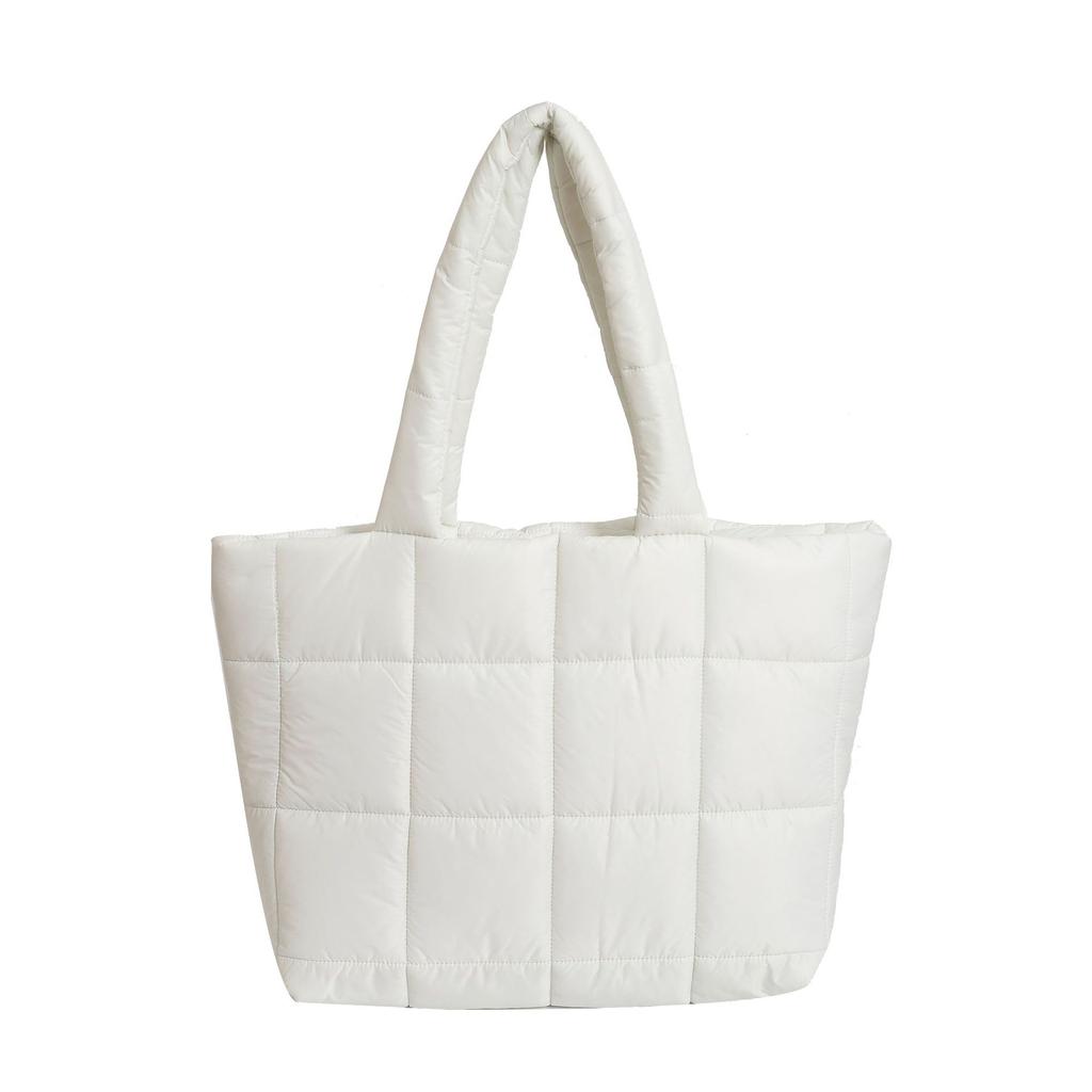 Simple Cotton Clothes Down Bag 2025 New Sewing Line Plaid Bag Fashionable Plain Board Large Capacity Tote Shoulder Bag