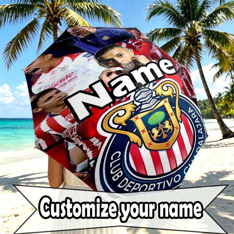 Custom Name Personalized Club Deportivo Guadalajara Print Umbrella, Auto Open Close, 8‑Rib Sturdy Frame, Commute Camping Hiking Use, Birthday Gift