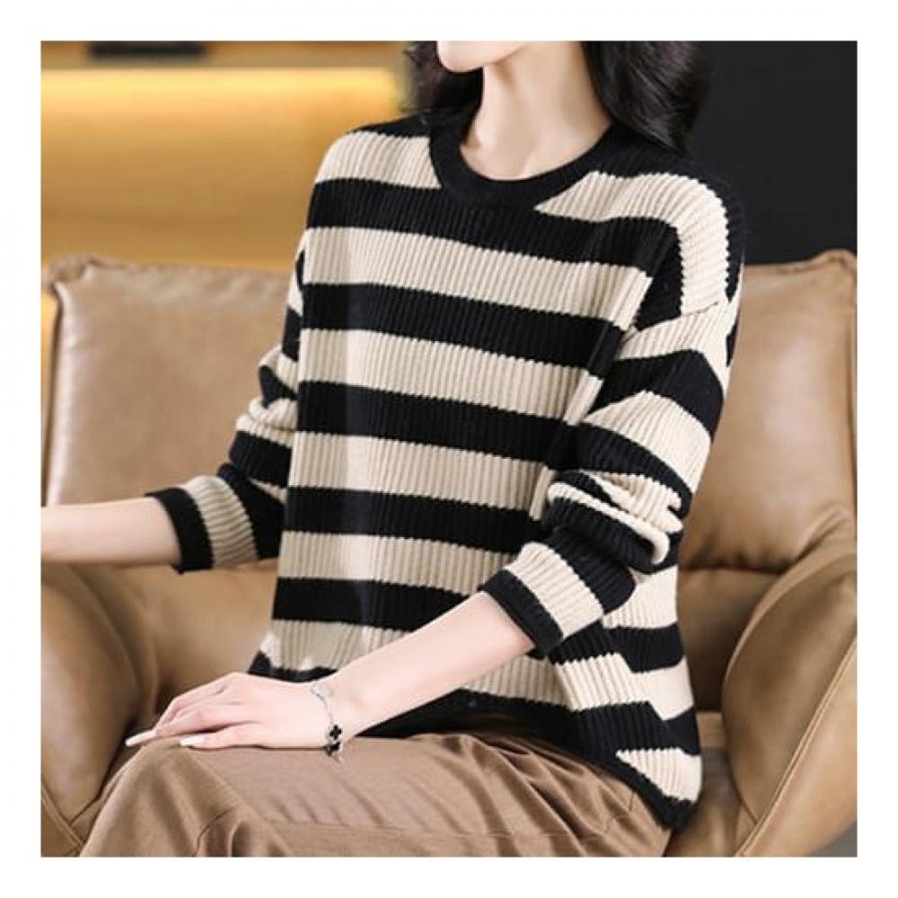 Navava STriped Ribbed Round Neck Long Sleeve KniT T shirT Nk2340