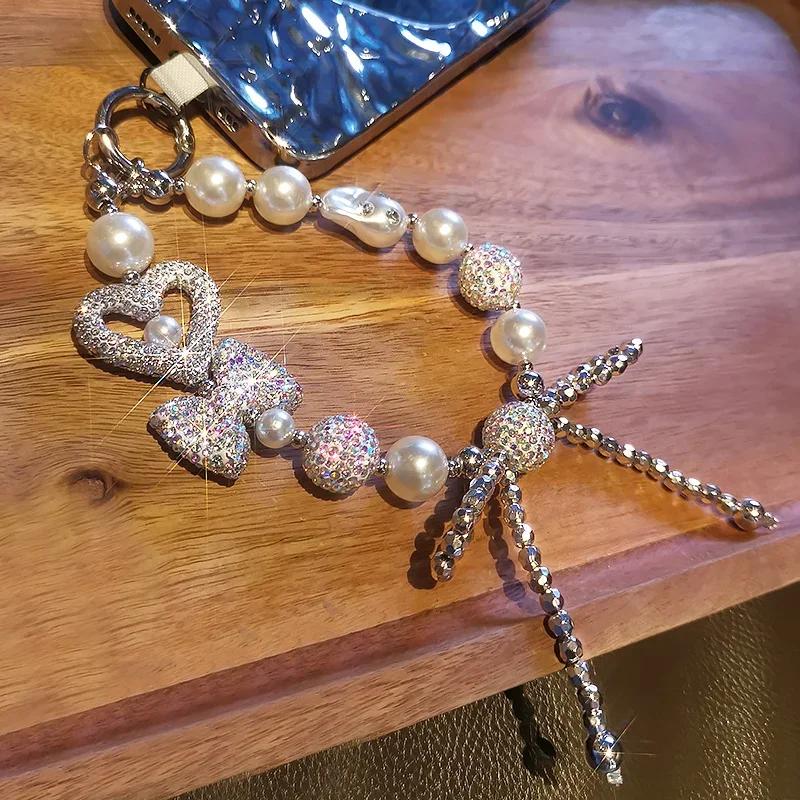 Браслет с полными бриллиантами, узел-бабочка «Любовь», шнурок для мобильного телефона, ручная работа, цепочка из бусин, сверкающий бриллиант, прозрачный ремешок на запястье