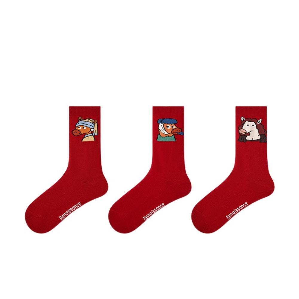 3Pairs Cartoon New Year Tube Socks Mid Calf Zodiac Year Socks Funny Red Cotton Socks Gift