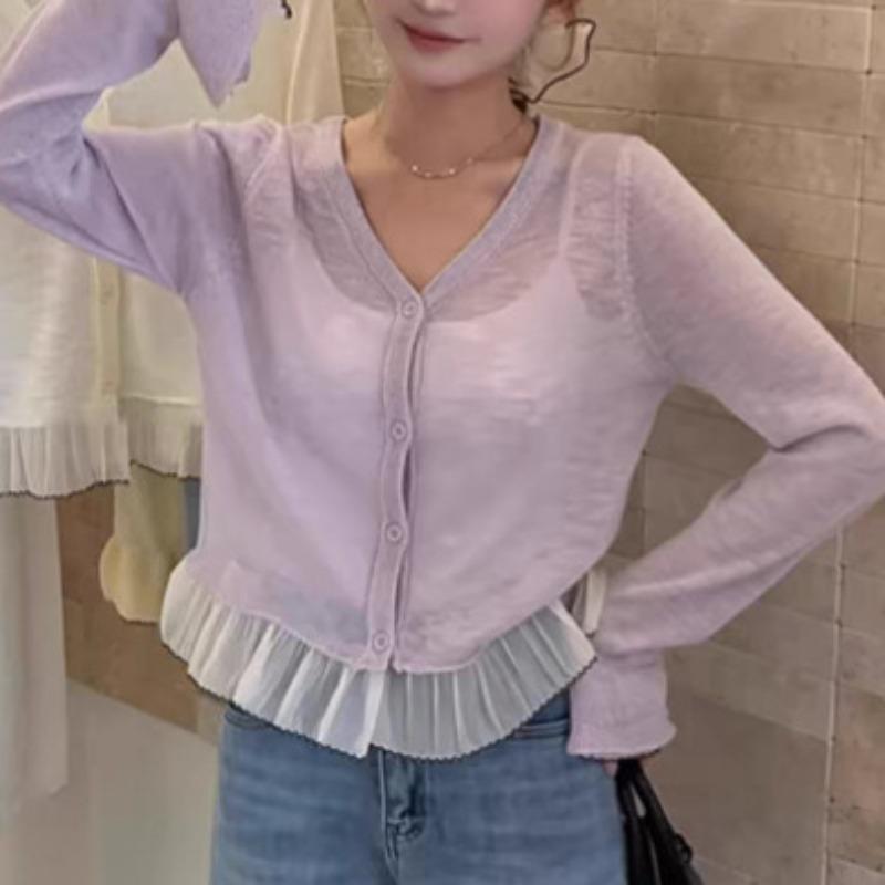 Sweet Style Hem Lace Trim Knit Cardigan Women Spring Summer Sun Protection Thin Sheer Knit Coat