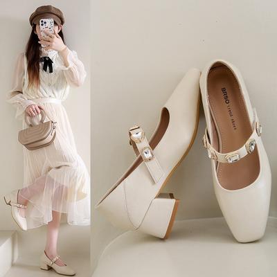 Новые туфли Мэри Джейн на толстом каблуке, женские, весна и осень, новая кожа, квадратный носок, стразы, надпись, средний каблук, одинарные туфли