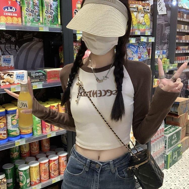 Футболка с буквенным принтом, женские весенние лоскутные топы с длинными рукавами, модные укороченные топы контрастного цвета в стиле ретро, популярные футболки Kpop Skinny Y2K