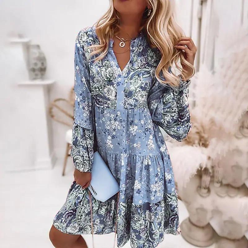 2022 Women Fashion Dress Bohemian Floral Printed V Neck Mini Dresses Casual Loose Elegant Flare Sleeve Lady Beach Holiday Dress