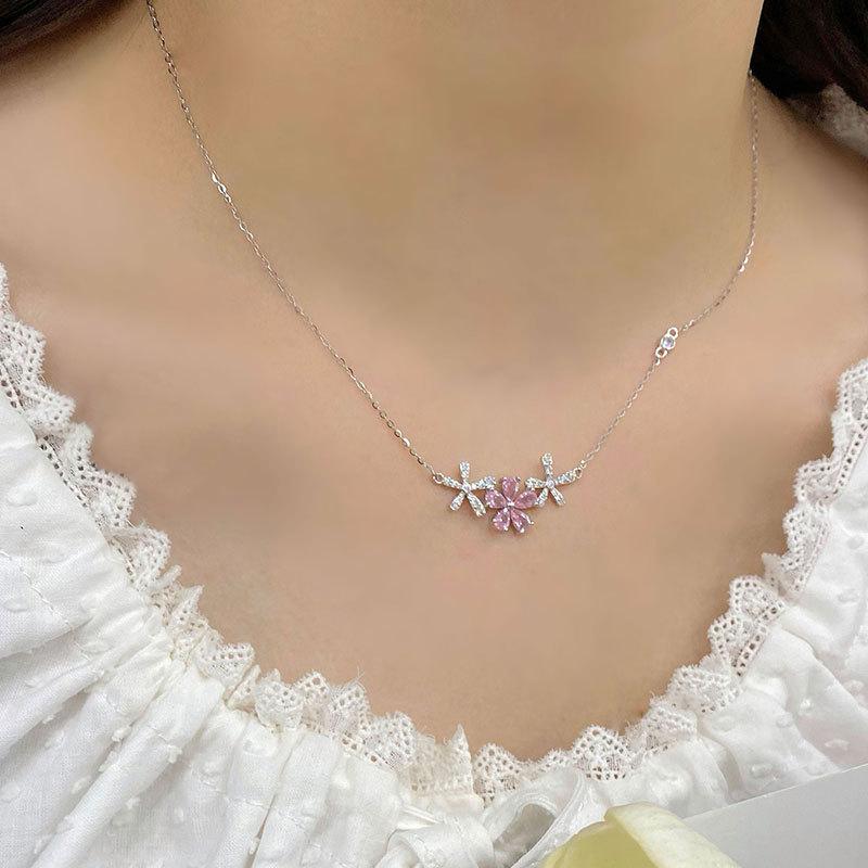Супер Фея Розовое Бриллиантовое Пятилистное Цветочное Ожерелье Маленькое Свежее Цепочка Ключицы Темпераментное Универсальное Цирконовое Ожерелье