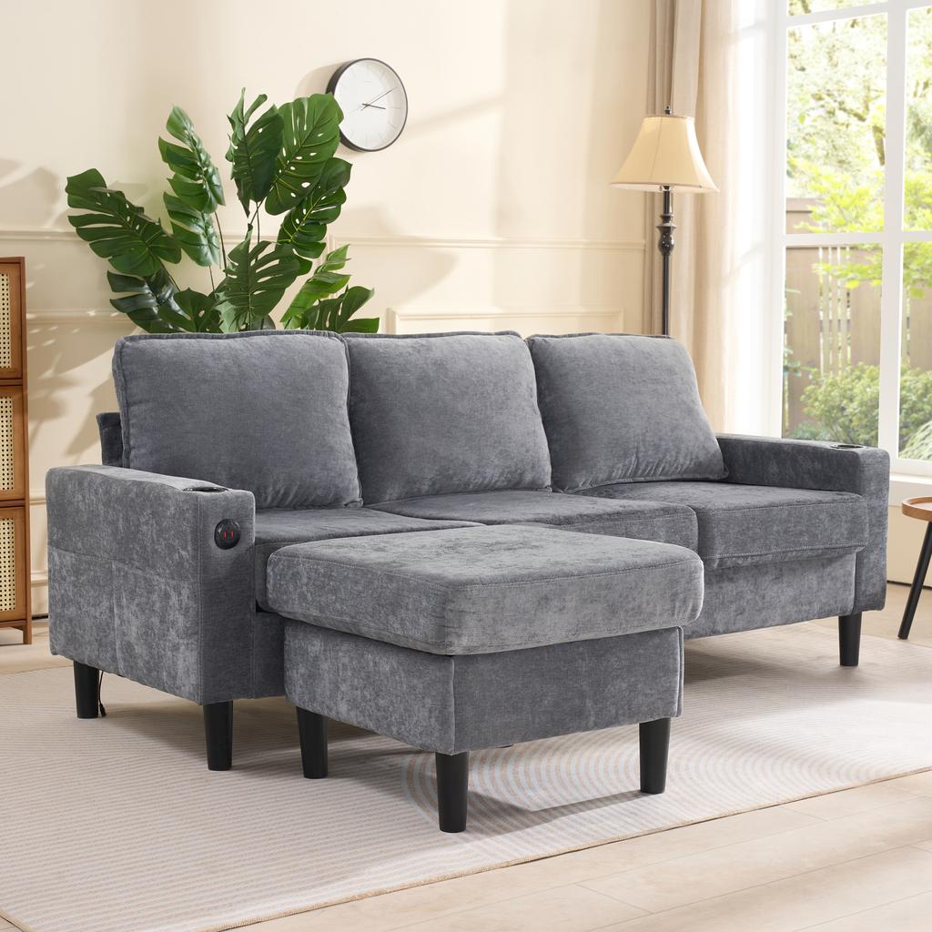 Upholstered sofa with USB and Type-C ports, 3-seater with two cup holders for living room, lounge and bedroom – L-shaped sofa bed, Grey, Linen