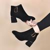 Short Boots Women's 2025 Autumn and Winter New Black Sheepskin Thick Heel Letter Buckle Fashion Boots Two Kinds of Highly Pointed Women's Leather Boo