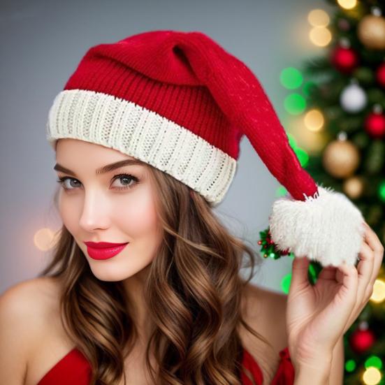 Шапка Санты Красно-бело-зеленая полосатая вязаная рождественская шапка с плюшевым помпоном Праздничный аксессуар