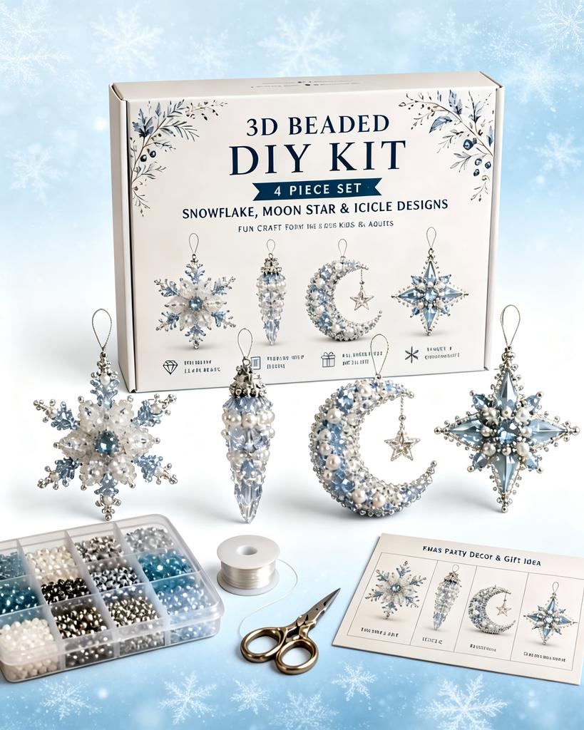 4-piece Christmas bead decoration DIY set, snowflake shaped decoration suitable for adults as Christmas party decoration or gift