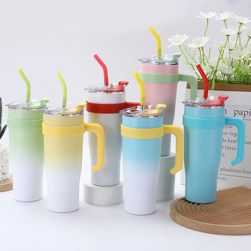 304 Stainless Steel Handle Ice Cream Cup 40oz Large Capacity Gradient Car Cup Vacuum Straw Insulated Cup