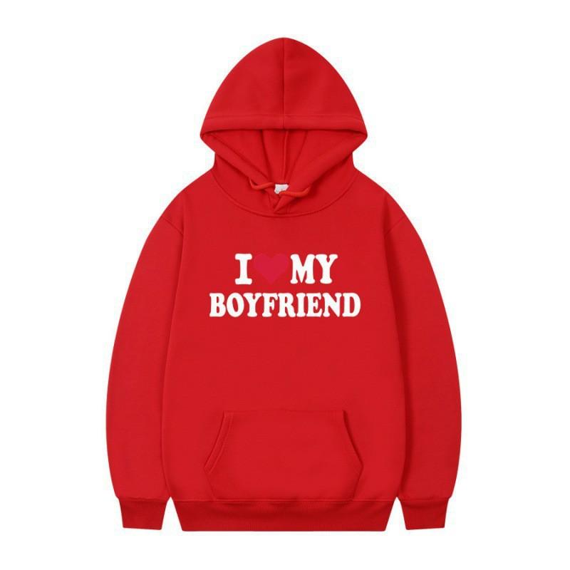 Mens Gothic Streetwear Hooded Sweatshirt With I LOVE MY BOYFRIEND Print Long Sleeve Loose Fit
