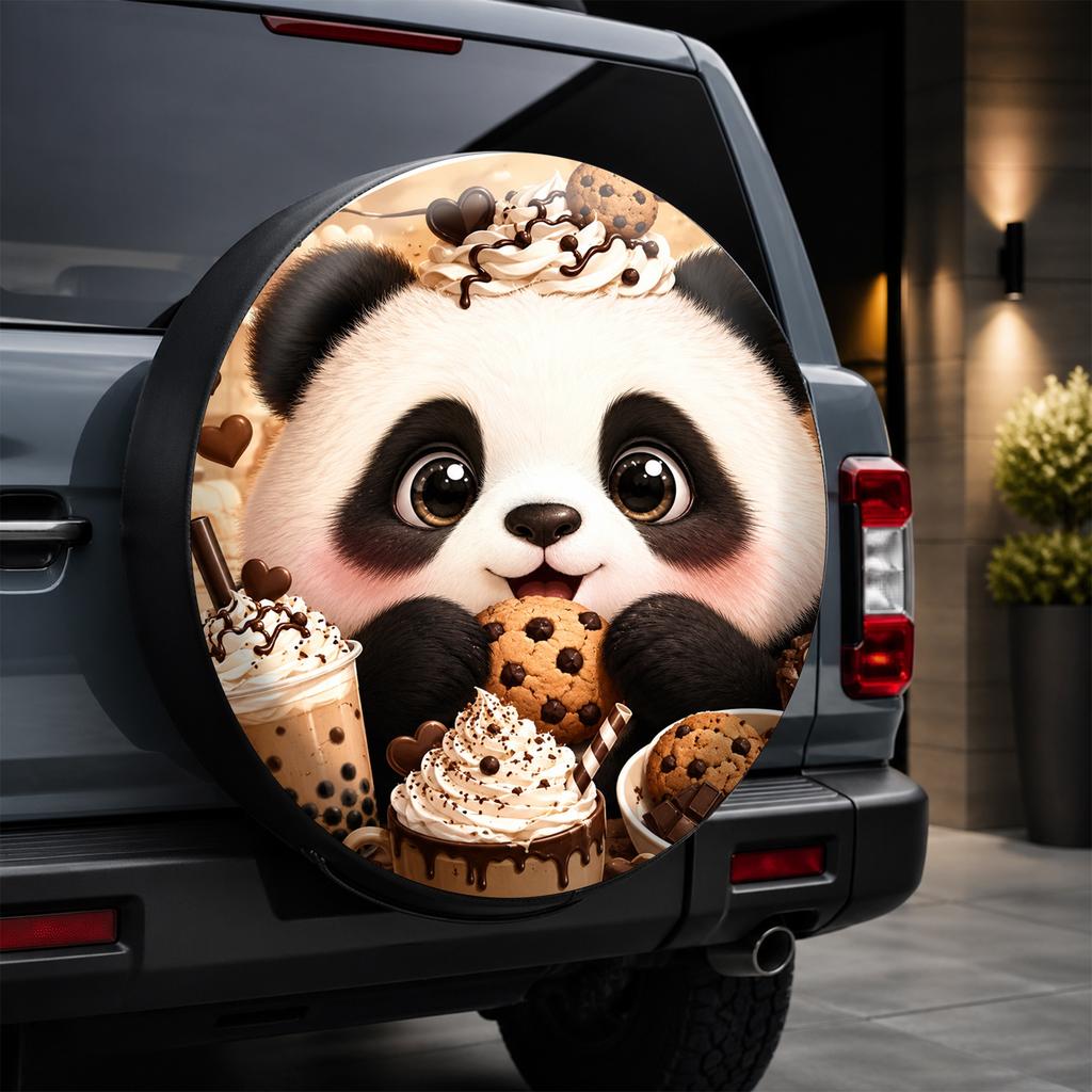1pc Cute Cartoon Panda And Dessert Print Car Tire Cover, Fashionable Universal Hubcap Protector, Spare Tire Protection, Overflow