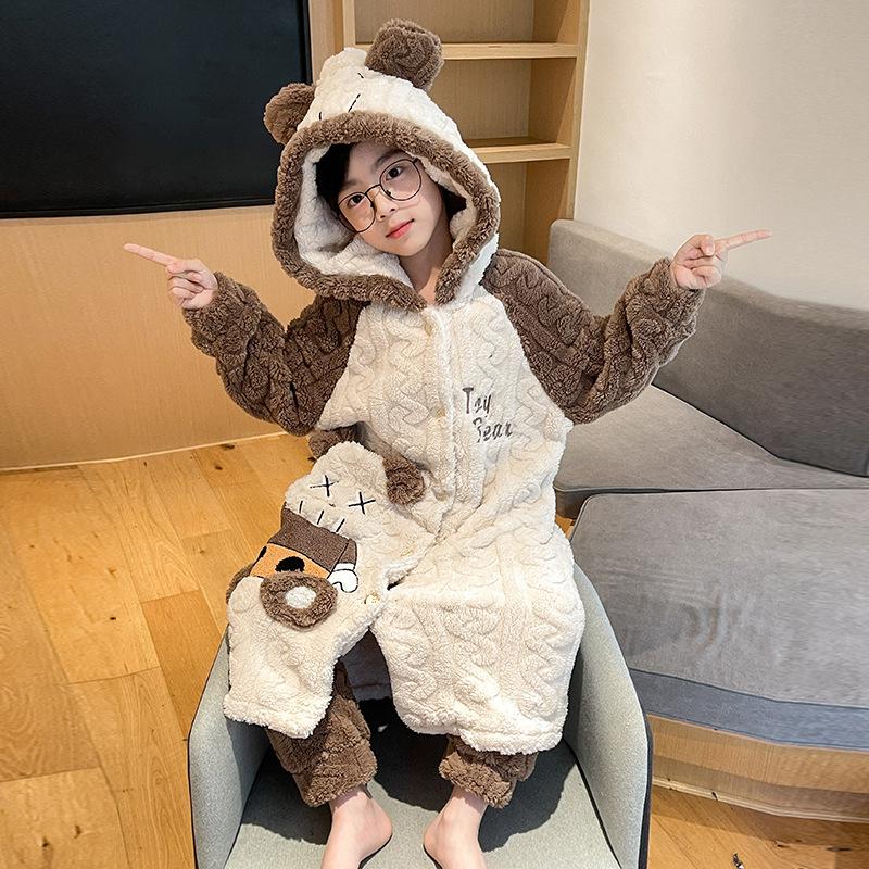Kids Flannel Pajamas Set Boys Girls Warm Long Sleeve Top And Pants Sleepwear Winter Home Nightwear