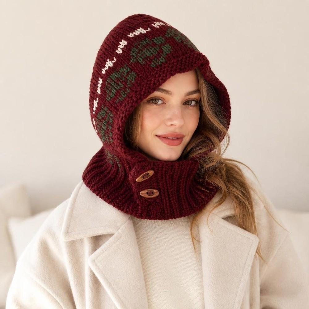 Rose Flower Print Knit Balaclava Warm Pullover Snood New Korean Knit Hat Women Girl