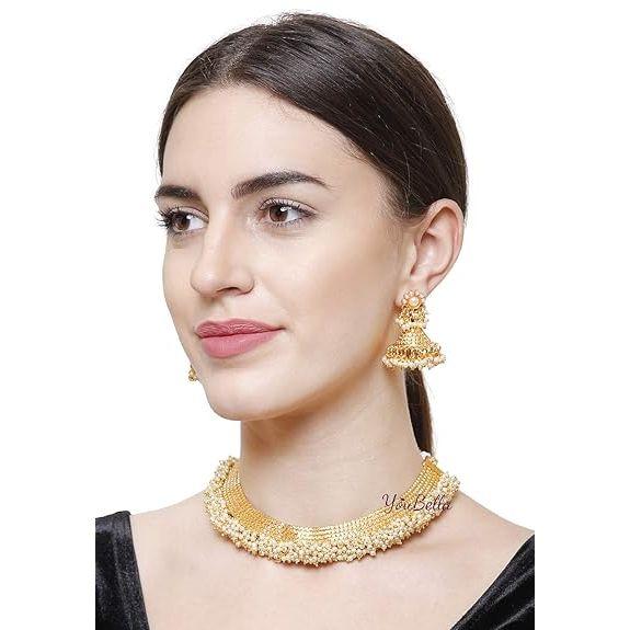 Jewellery Set for Women Gold Plated Pearl Necklace Set Traditional Temple Choker Necklace Set for women/Jewellery Set with Earrings