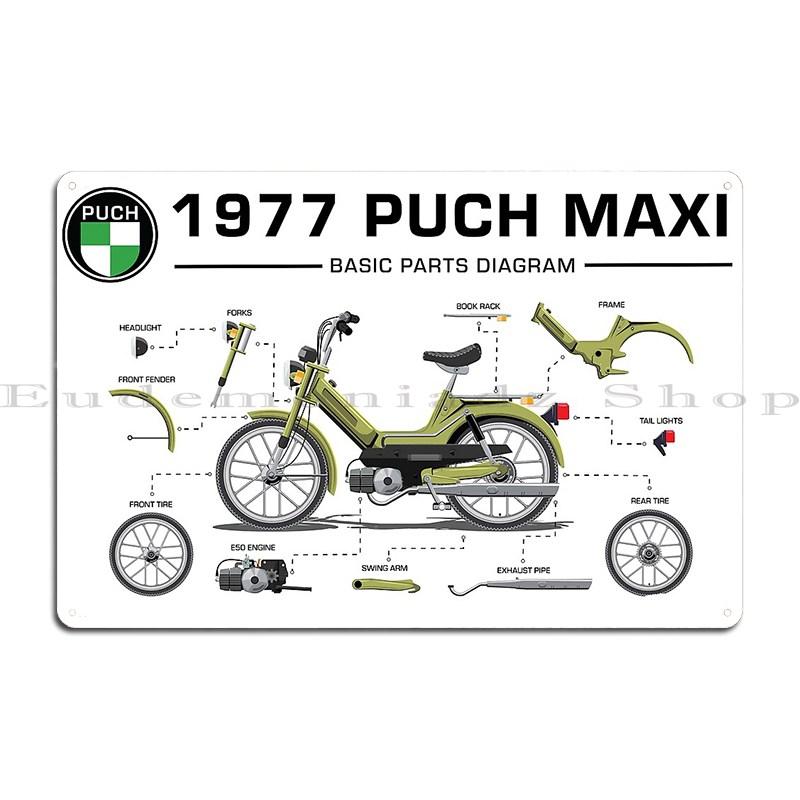 1977 Puch Maxi Basic Схема деталей Металлические знаки Настенная роспись для паба Клуб Напечатанный жестяной знак Постер