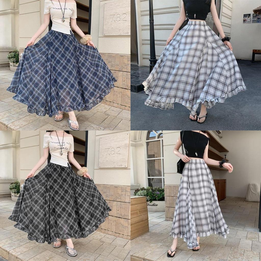 Long Vintage Check Plaid Chiffon Skirt With Asymmetric Hem For Summer Casual Women