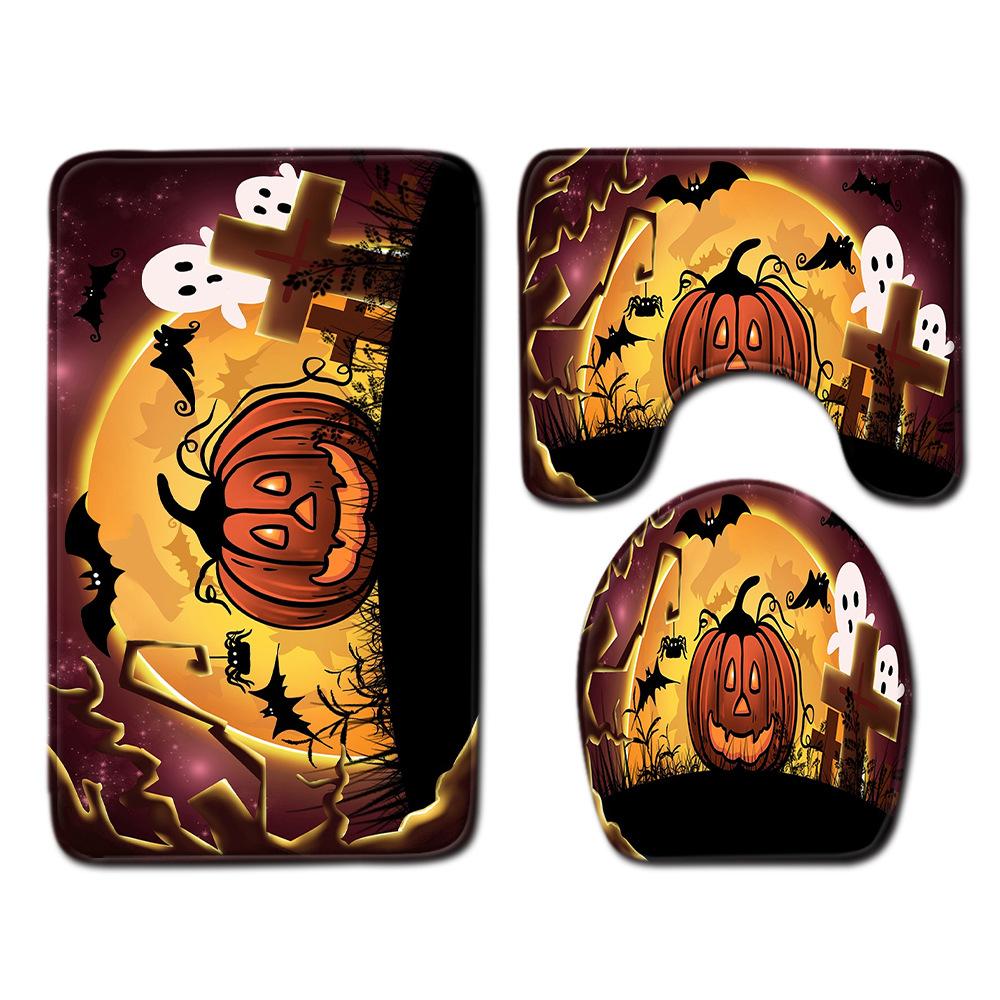Halloween Shower Curtain Floor Mat Combination Four-Piece Set Bathroom Toilet Carpet Shower Room Foot Mat