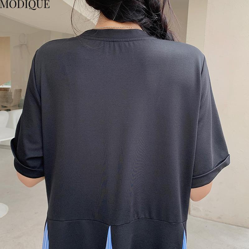 MODIQUE Summer Plus Size New Women Loose Color Contrast Fishtail Skirt A-Line Patchwork Long Dress Female Casual Short Sleeve O-Neck Dresses