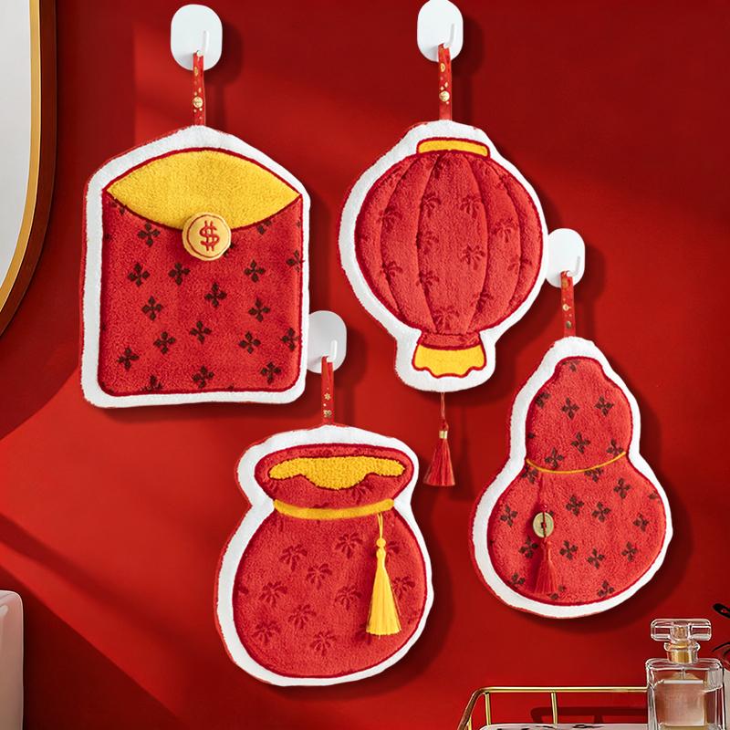 Coral Fleece Hand Towel Creative Spring Festival Hongbao Lucky Bag Thick Hand Towel Hanging Kitchen Bathroom Towel Small Gift