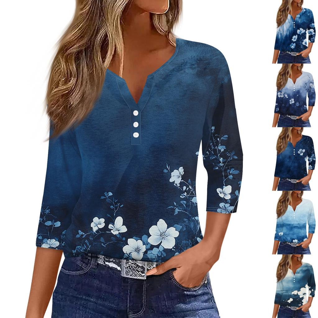 Women's Fashion Casual Floral Print V-Neck Decorative Button Three-quarter Sleeve T-Shirt Top