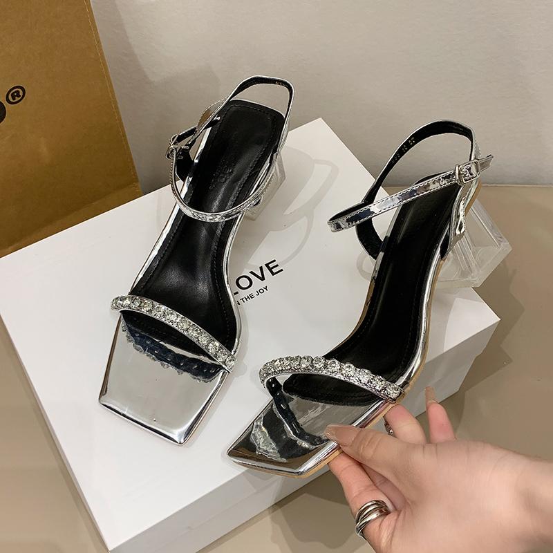 Luxury Crystal Sandals Women Rhinestone Ankle Strap Mid Heeled Sandalias Ladies Summer Evening Party Shoes In Black Silver Color