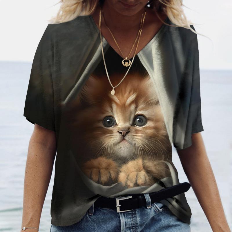 Женская футболка Kawaii Cat Print 3D футболка Топ для девочек Y2k Одежда Летние футболки с короткими рукавами с v-образным вырезом Повседневная праздничная женская футболка