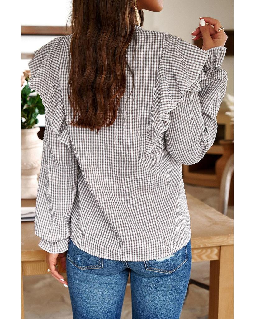 Azura Exchange Коричневая клетчатая рубашка с оборками на рукавах и вырезом на горловине